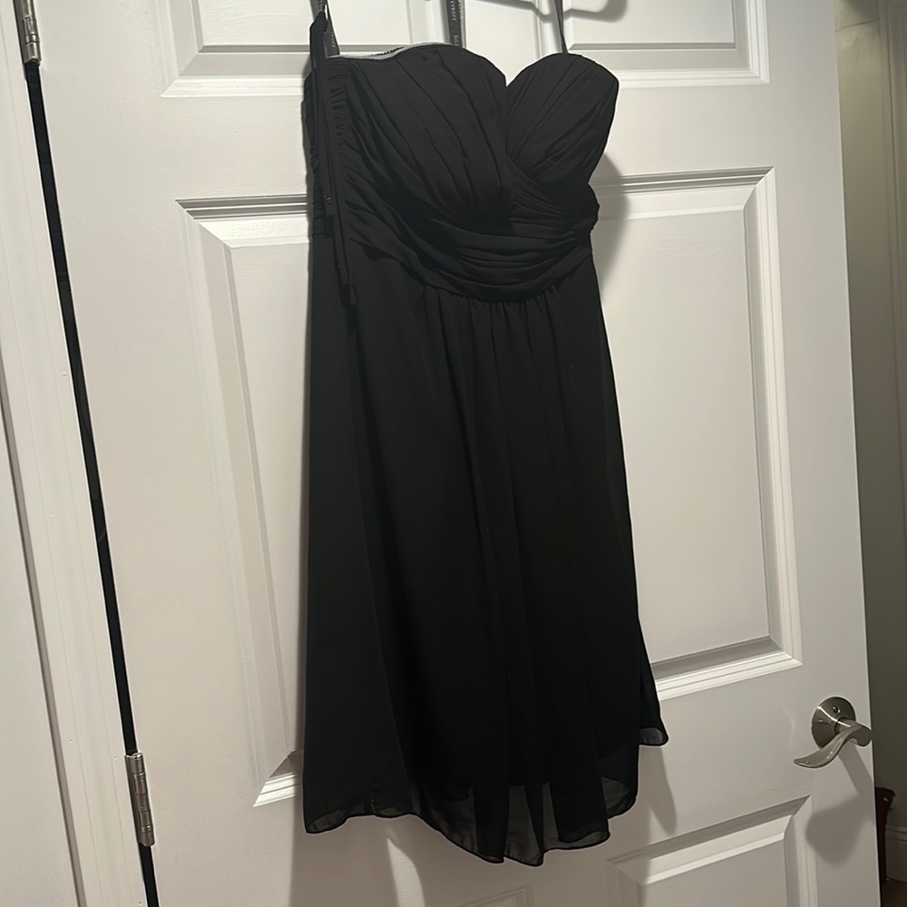 Bill Levkoff black chiffon strapless bridesmaid dress